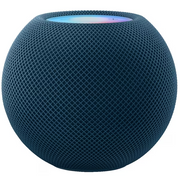 The Apple HomePod mini [Blue] by Apple is a smart speaker with a dark blue mesh exterior, touch-sensitive glowing top that displays colored lights, and delivers rich 360-degree audio.