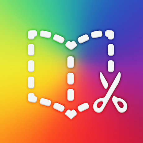 A white dashed-line open book with a scissor icon overlays a rainbow gradient, representing creativity and the Book Creator App for iPad by Assistive Tech—perfect for crafting children's picture books or creating ebooks.