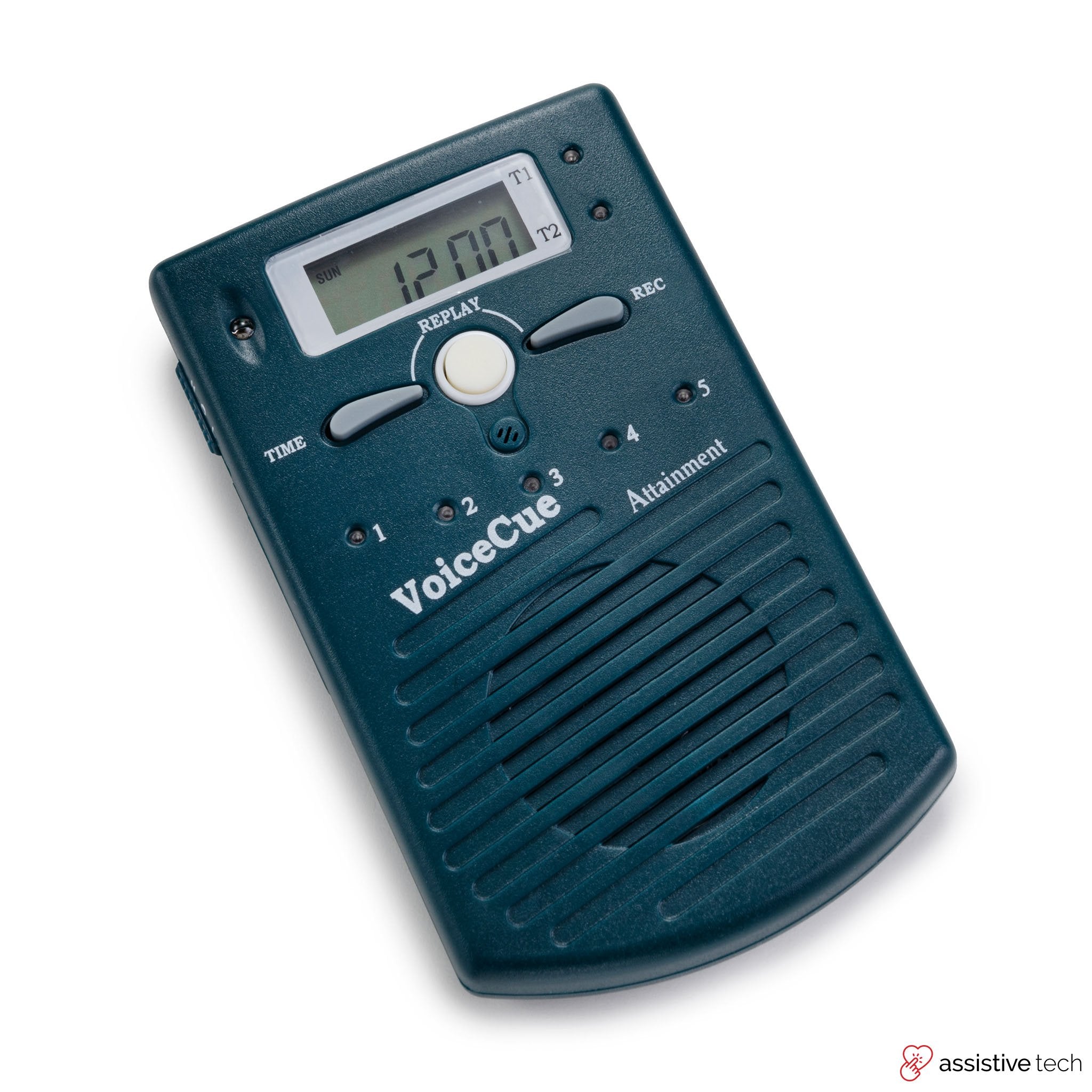A dark green handheld GoTalk Voice Cue by Attainment with a digital display showing 12:00, speaker, buttons labeled 1-5, and “VoiceCue Attainment” text on the front.
