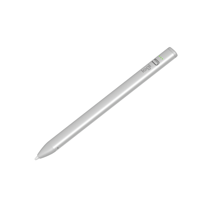 The Logitech Crayon Stylus USB-C [Silver] is shown diagonally on a plain light background, featuring a small button, LED indicator, and the Logitech logo—ideal for iPad 10th Gen with Apple Pencil technology.
