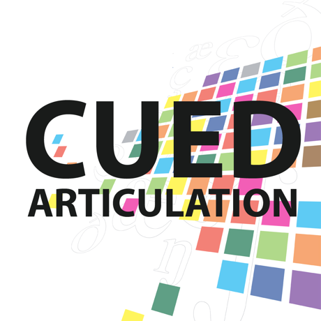 The Cued Articulation App for iPad by Assistive Tech displays "CUED ARTICULATION" in bold black letters over a colorful mosaic, featuring letters and symbols to emphasize hand cues used in speech therapy.