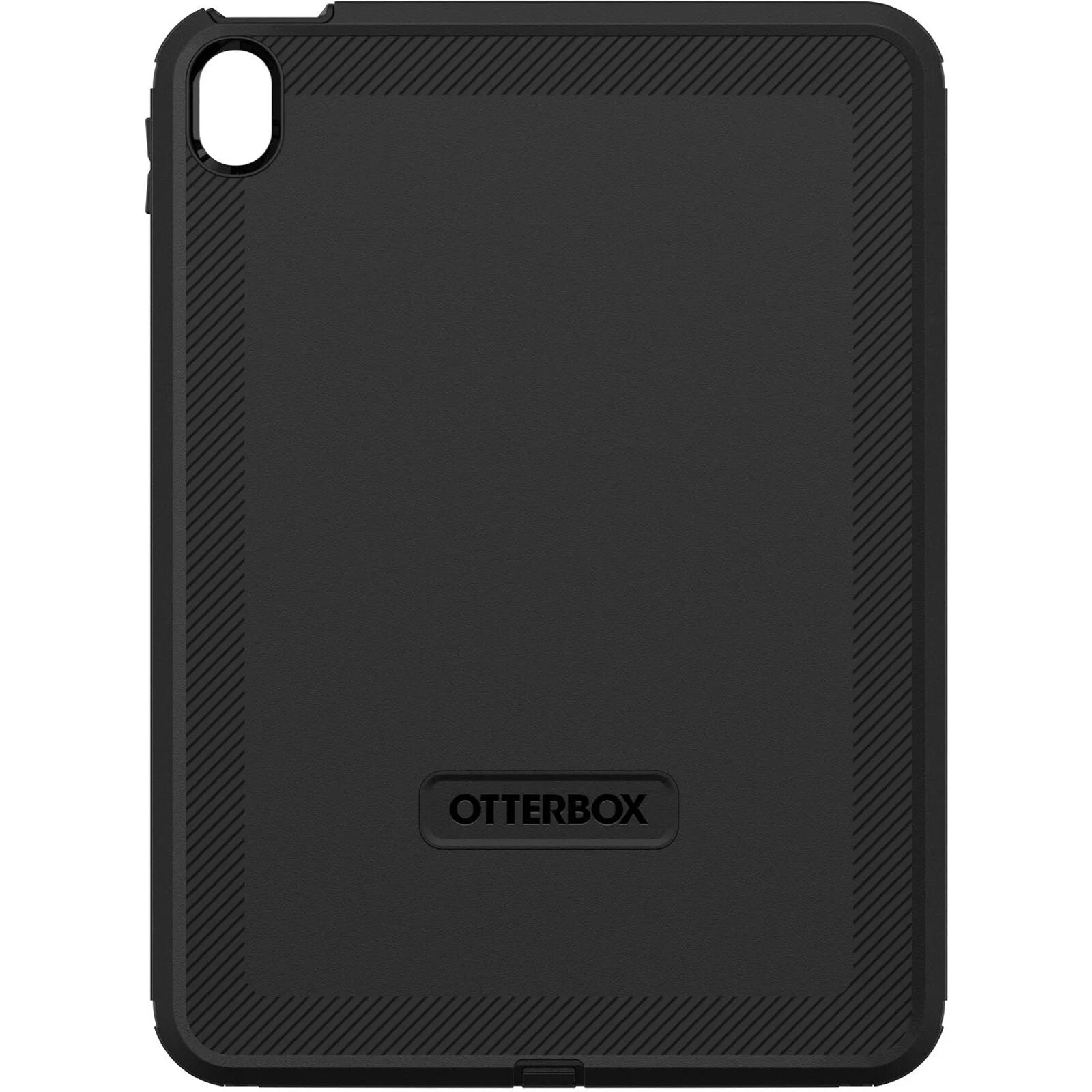 The OtterBox Defender Case for iPad A16/10th/11th Gen by Otterbox is a black rugged protective case featuring a camera cutout in the top left corner and an embossed OtterBox logo near the bottom center.