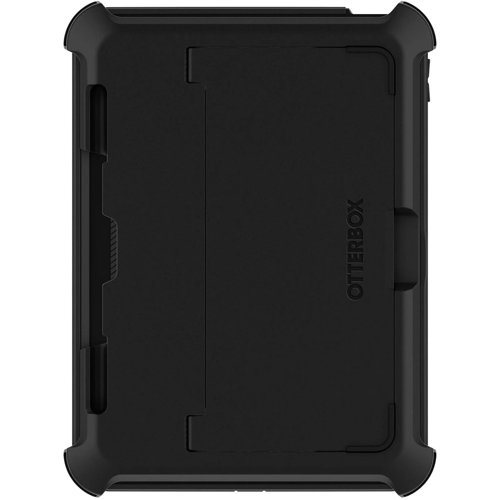 A black OtterBox Defender Case for iPad (A16/10th/11th Gen) by Otterbox, shown from the back, features reinforced corners, a central stand or cover, and an embossed OTTERBOX logo.