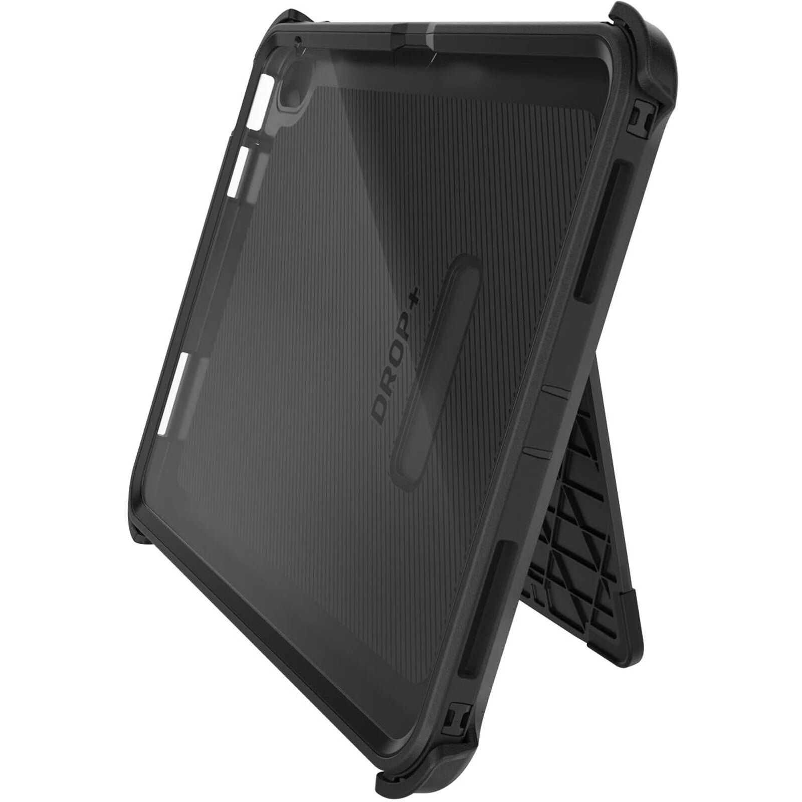 The OtterBox Defender Case (for iPad A16/10th/11th Gen) by Otterbox has a rugged build, reinforced corners, transparent back, and built-in kickstand for upright support. Features DROP+ branding for enhanced protection.