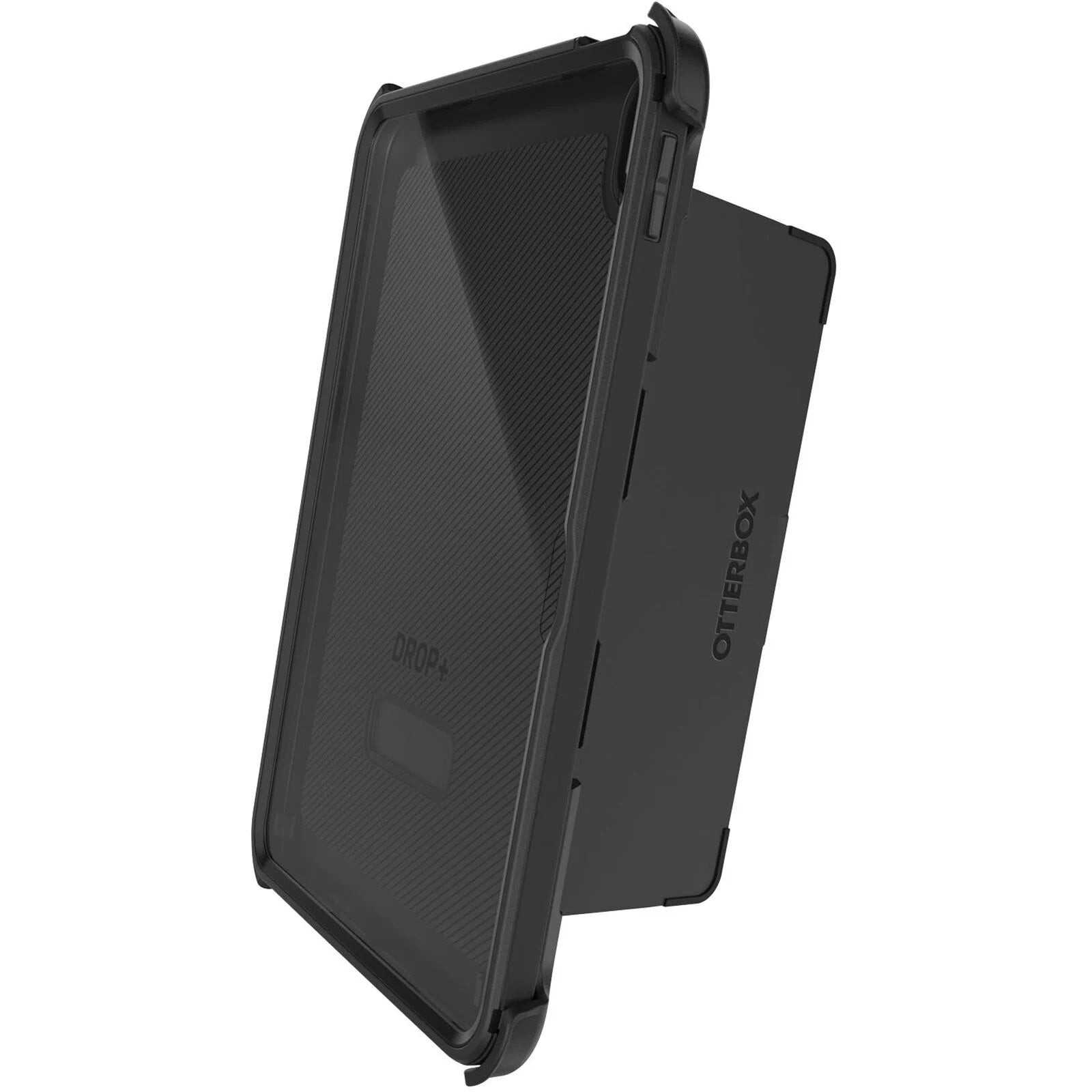 The OtterBox Defender Case (for iPad A16/10th/11th Gen) by Otterbox is pictured upright, highlighting its black textured back and reinforced edges for drop protection.