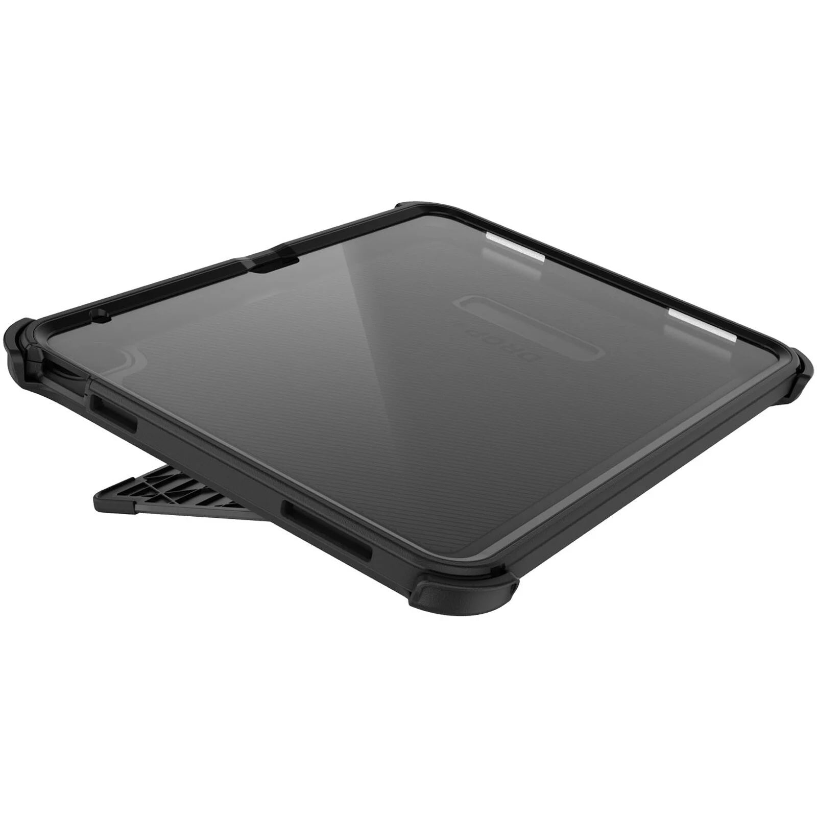 The OtterBox Defender Case for iPad A16/10th/11th Gen by Otterbox features reinforced corners, a built-in stand extended from the back, and a clear back panel—all in a rugged, protective design shown at an angle.
