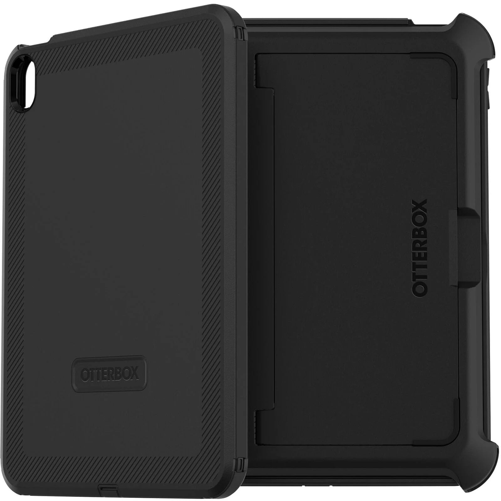 The black OtterBox Defender Case for iPad A16/10th/11th Gen is shown from two angles, displaying its rugged design, built-in stand, and OtterBox branding on the stand and case back.