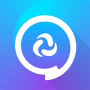A white chat bubble with a swirling center appears on a blue and purple gradient background, representing the Dialogue AAC App for iPad by Assistive Tech—ideal for communication support.