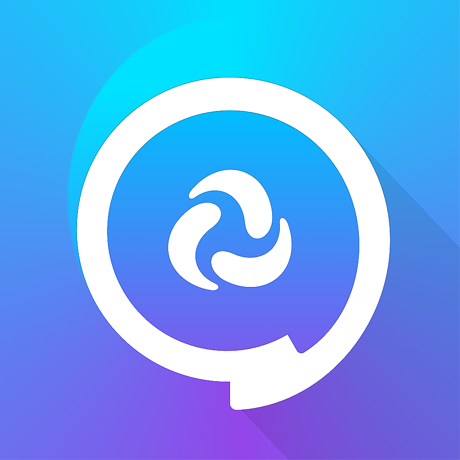 A white chat bubble with a swirling center appears on a blue and purple gradient background, representing the Dialogue AAC App for iPad by Assistive Tech—ideal for communication support.