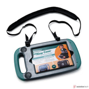 The Attainment GoNow Rugged Package for iPad mini 4 & 5 is a green and gray case with a shoulder strap, built-in speakers, handle, and includes an instruction sheet showing a child holding the case—ideal for special education settings.