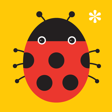 A cute cartoon ladybug with red and black body, six legs, and two antennae on a bright yellow background plus a white asterisk in the top right. Ideal for Egg Head: Peekaboo Baby Fun App for iPad by Assistive Tech. Great for kids’ learning!.