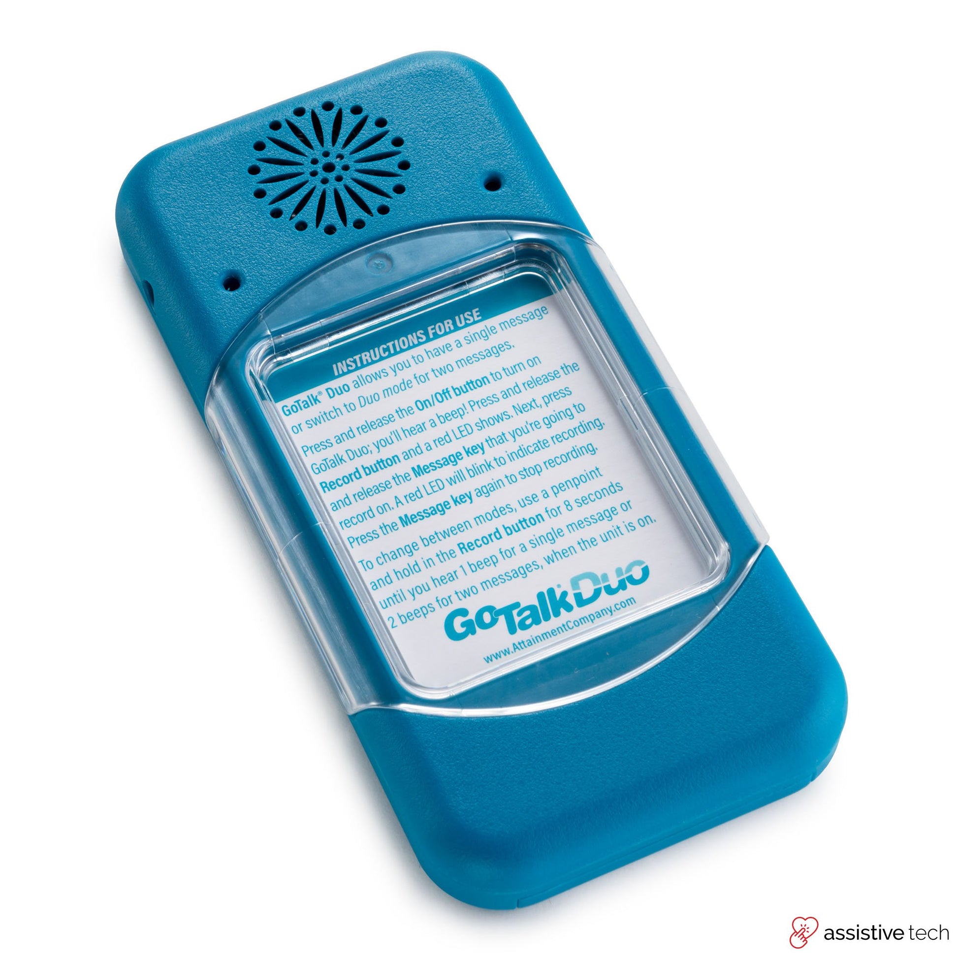 The Attainment GoTalk Duo is a blue handheld communication device with enhanced sound, a speaker, clear overlay, visible recording/playback instructions for two messages, and the GoTalk Duo logo at the bottom.
