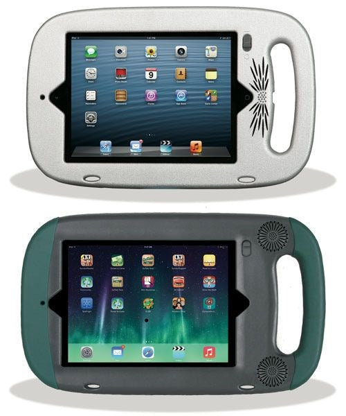 Two iPad minis, each in an Attainment GoNow Sleek Package case with handles and speakers, are side by side on a white background displaying app icons—ideal for special education use.