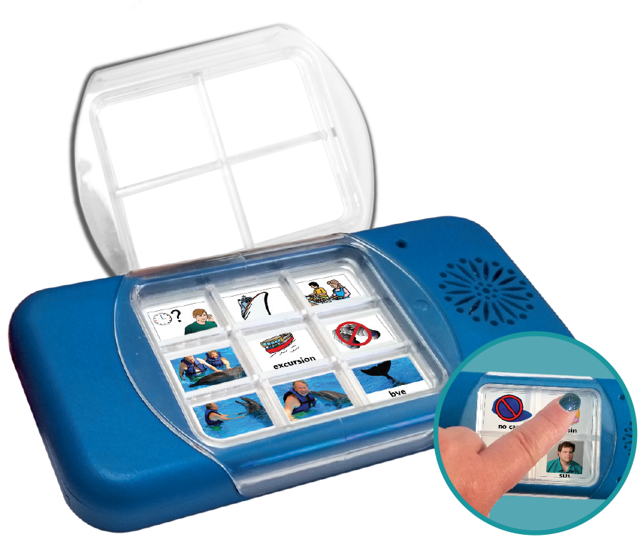 The GoTalk Fit by Attainment is a blue and white handheld communicator with picture buttons under a clear cover. A hand presses a symbol button, while others display images for words and activities—an essential assistive tech device.