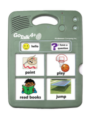 The Attainment GoTalk 4+ Lite Touch AAC device has buttons labeled "hello" (smiley face), "I have a question" (question mark), "paint" (artist palette), "play" (basketball), "read books," and "jump," making it a versatile communication aid.