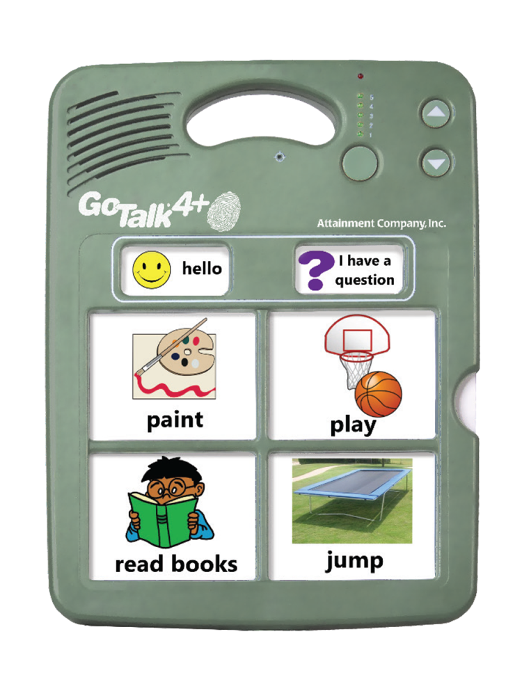 The Attainment GoTalk 4+ Lite Touch AAC device has buttons labeled "hello" (smiley face), "I have a question" (question mark), "paint" (artist palette), "play" (basketball), "read books," and "jump," making it a versatile communication aid.