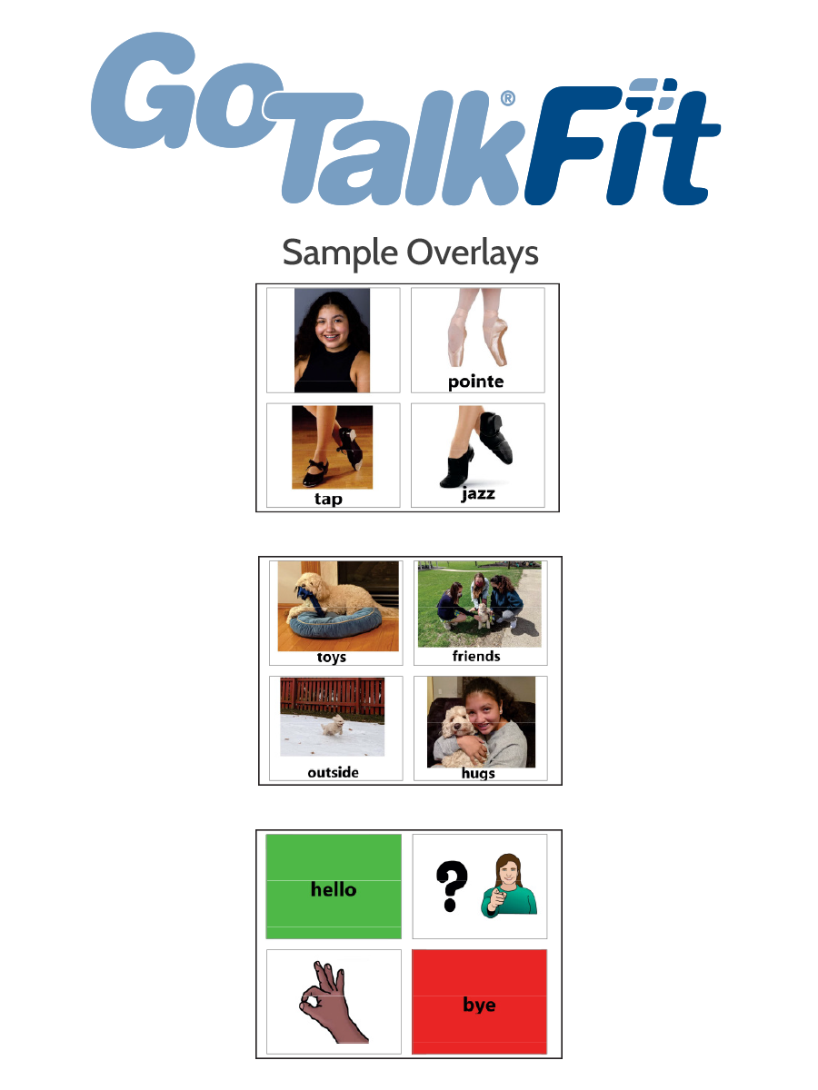 Attainment GoTalk Fit sample overlays display labeled buttons with images for dance styles, pets, friends, greetings, and farewells—supporting assistive tech needs with choices like tap, hello, bye, and more.