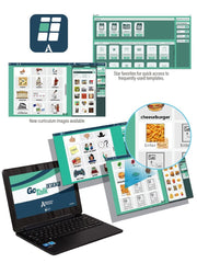 A collage shows GoTalk Design Software (Web Only) by Attainment, with screenshot icons, a magnified cheeseburger icon, the app on a laptop, and logo—ideal for making AAC device overlays and communication boards. 1 Year Subscription.