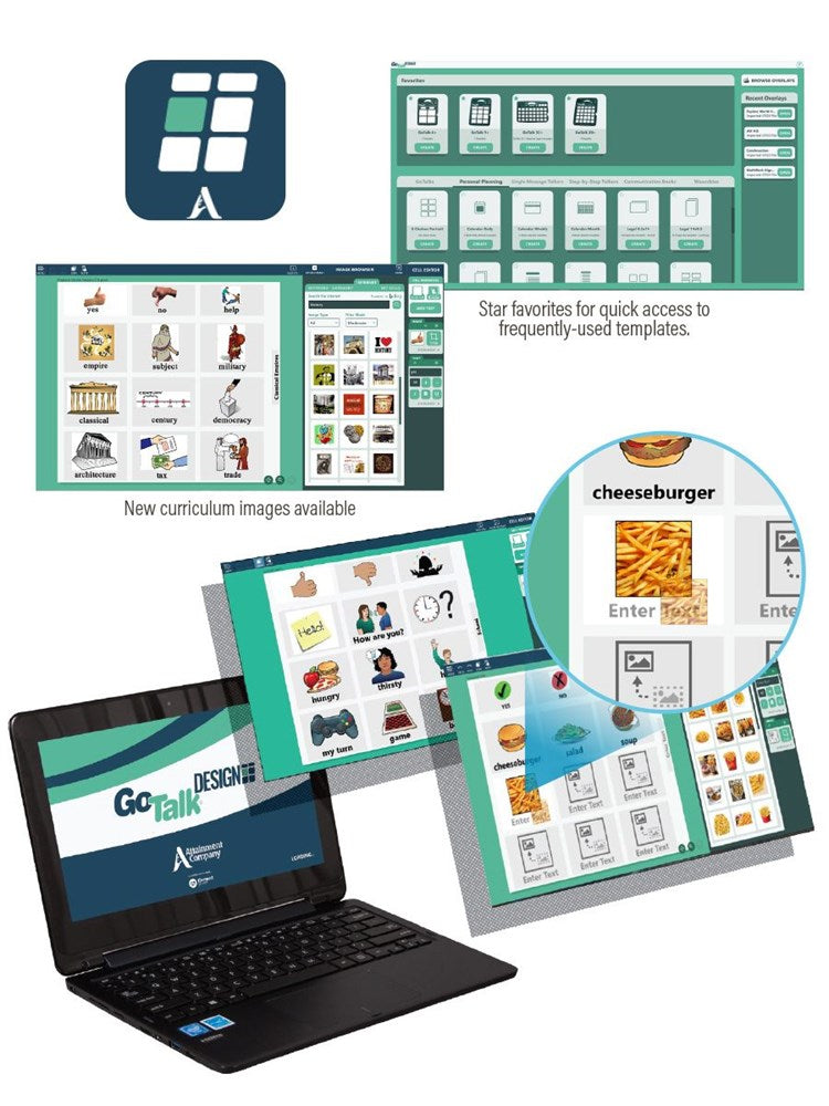 A collage shows GoTalk Design Software (Web Only) by Attainment, with screenshot icons, a magnified cheeseburger icon, the app on a laptop, and logo—ideal for making AAC device overlays and communication boards. 1 Year Subscription.