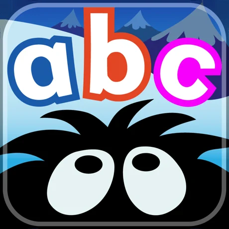 The Hairy Letters App for iPad by Assistive Tech features cartoon letters a (blue), b (orange), and c (pink) above a black, spiky-haired creature with big eyes, set against blue mountains and sky for early reading fun.