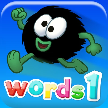 A cartoon black fuzzy creature with big eyes, green arms and legs, happily jumps on a blue background. At the bottom, colorful text reads "Hairy Words 1 App for iPad" by Assistive Tech.
