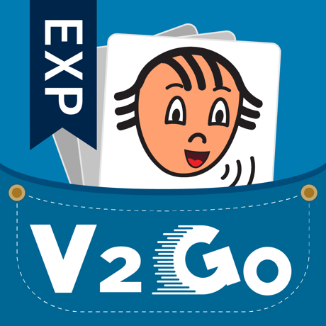 A cheerful cartoon face with short hair appears above a pocket labeled "Visuals2Go" by Assistive Tech, an iPad app for augmentative communication. A blue EXP ribbon on the left highlights its 1-year subscription for assistive support.