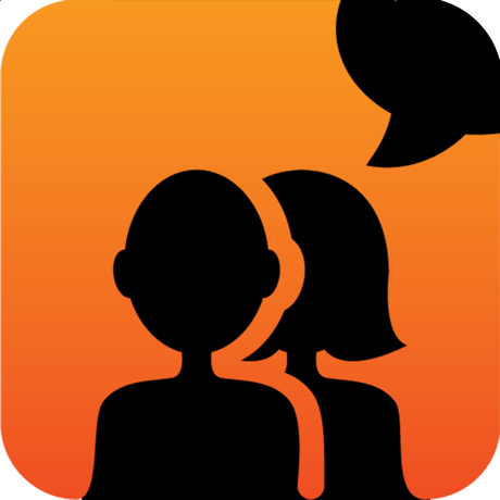 A black silhouette of two people, one with short hair and one with longer hair, appears on an orange gradient background with a speech bubble, representing the Avaz Australia AAC App for iPad – Lifetime Subscription by Assistive Tech.