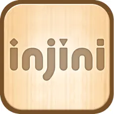 The Injini App for iPad by Assistive Tech features a square logo: “injini” in rounded brown lowercase letters centered on a light wood texture with a thick brown border, creating a warm, welcoming look ideal for early intervention and special needs.