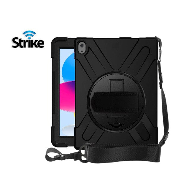 The Strike Rugged Case with Hand Strap and Lanyard (for iPad A16/10th/11th Gen) offers ultimate protection, featuring a built-in hand strap, rotating stand, and detachable lanyard. Shown with a tablet displaying a colorful screen and the Strike logo in the top left.