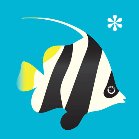 A playful black-and-white striped angelfish with yellow tail accents and a white asterisk floats on a bright blue background in Assistive Tech’s Peek-a-Zoo Underwater App for iPad—ideal for toddler peekaboo games.