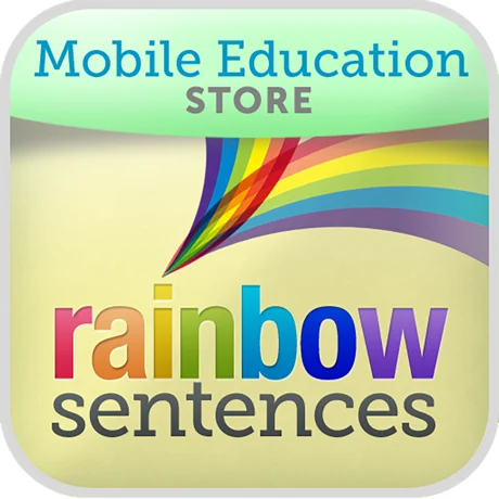 App icon for Rainbow Sentences App for iPad by Assistive Tech, a grammar app with a rainbow trail above colorful "rainbow sentences" text on beige, designed to build language skills and sentence structure.