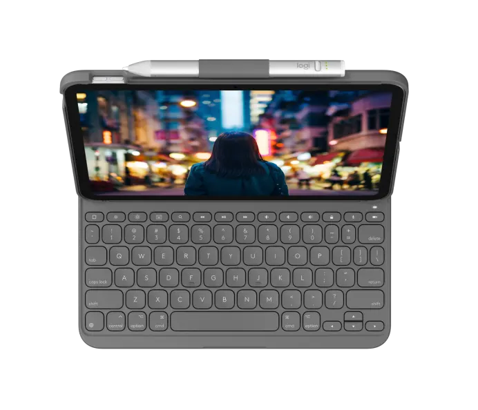 The Logitech Slim Folio Keyboard Case (for iPad A16/10th/11th Gen) by Logitech features a stylus holder and offers a laptop-like typing experience. Shown: the iPad displays a dark-haired person viewing a city street with blurred bright lights.
