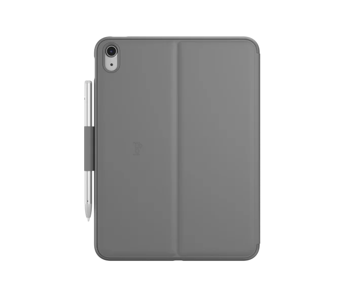 The Logitech Slim Folio Keyboard Case for iPad (A16/10th/11th Gen) by Logitech is shown in gray with an attached stylus, viewed from the back on a white background, offering laptop-like typing for enhanced productivity.