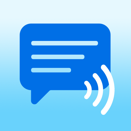 A blue chat bubble with text lines and speech waves on a light blue gradient background represents the Speech Assistant AAC App for iPad by Assistive Tech, designed to aid speech-impaired users with text-to-speech support.
