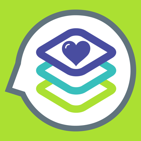 The Assistive Tech Tactus Aphasia Essentials App for iPad icon features a colorful layered chat bubble with a blue heart on bright green—ideal for speech-language pathologists and aphasia therapy.