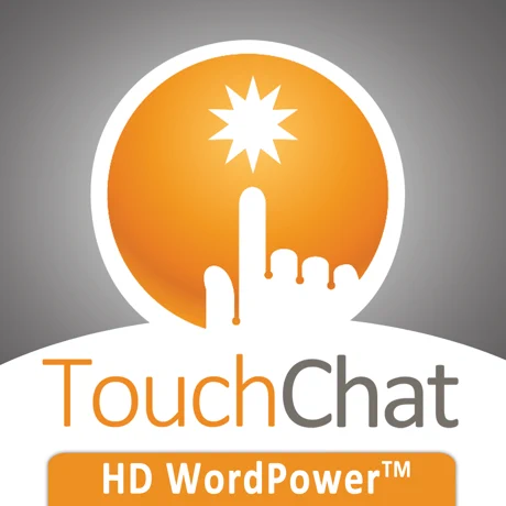 The TouchChat HD AAC with WordPower App for iPad by Assistive Tech features a logo: an orange circle with a white starburst and hand, above “TouchChat HD WordPower™” in orange and gray, representing its WordPower vocabulary AAC app.