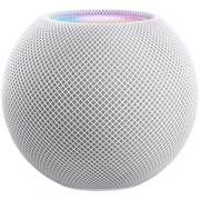 The Apple HomePod mini [White] by Apple is a spherical smart speaker with a white mesh exterior, a colorful touch surface on top, and delivers immersive 360-degree audio.