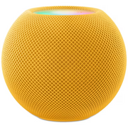 The Apple HomePod mini [Yellow] by Apple is a yellow, spherical smart speaker with a mesh exterior, 360-degree audio, and a glowing multicolored light on top.